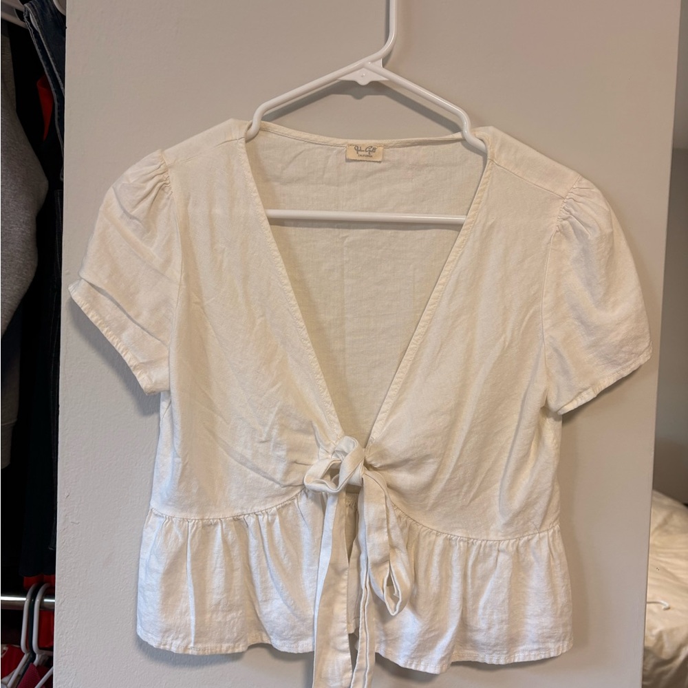 Brandy Melville White Front-Tie Peplum Crop Top